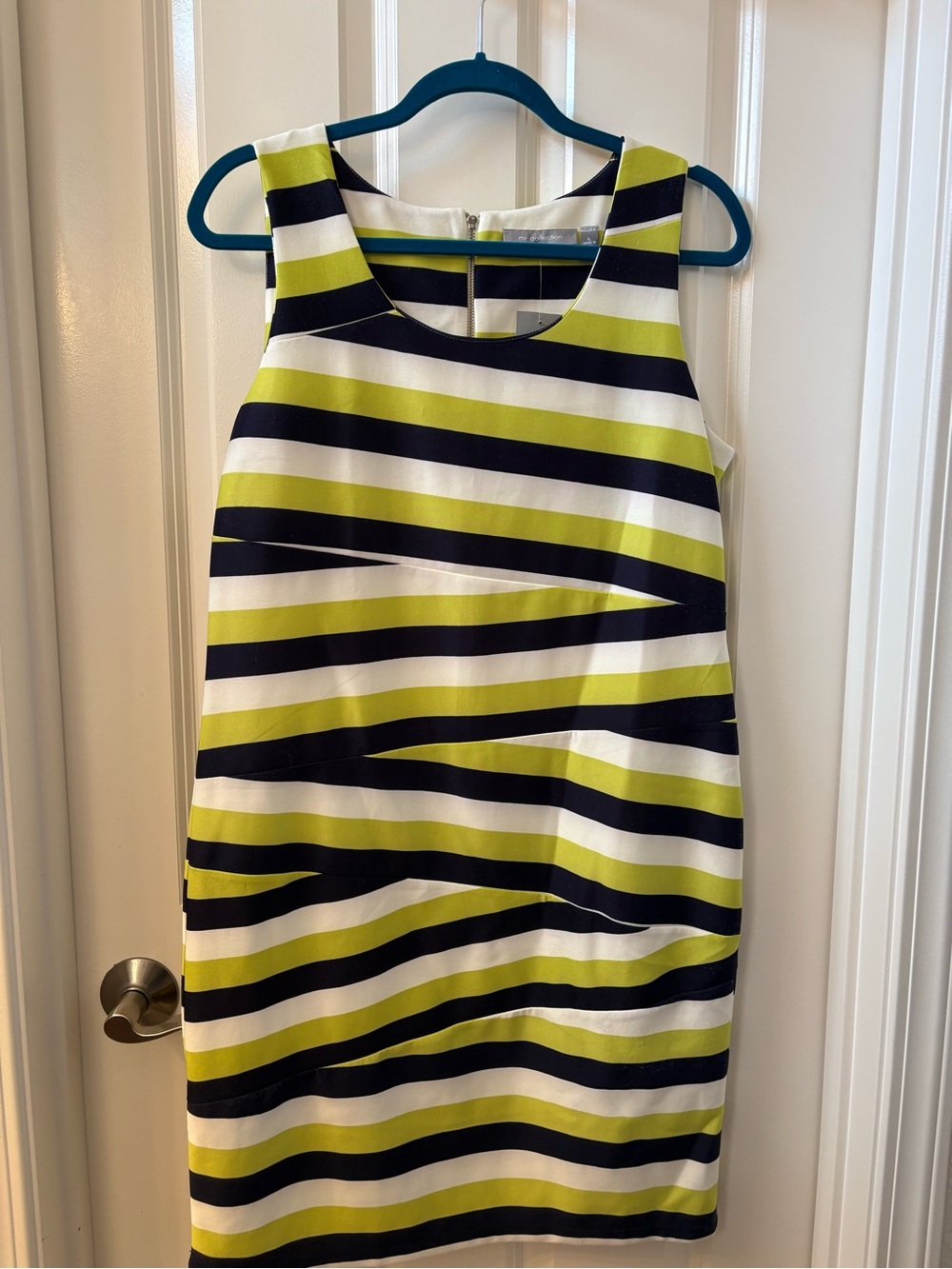 NY Collection Sleeveless Striped Shift Dress in Lime, Navy & White 1013